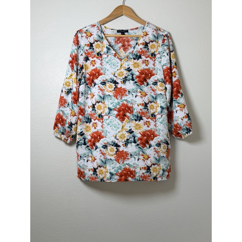 MARIO SERRANI ITALY Floral Print V Neck 3/4 Sleeve Blouse Top Women's LG
